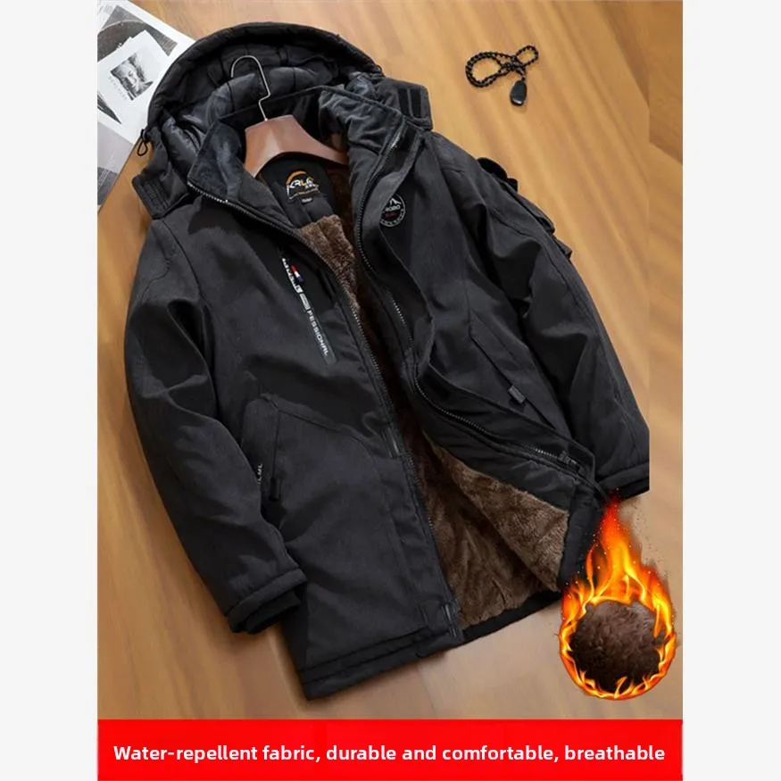 

2024 New Men's Thiened Fce Lined Cotton Jaet Windproof Waterproof Mid-Length Warm Outerwear for Winter Cold Resistance
