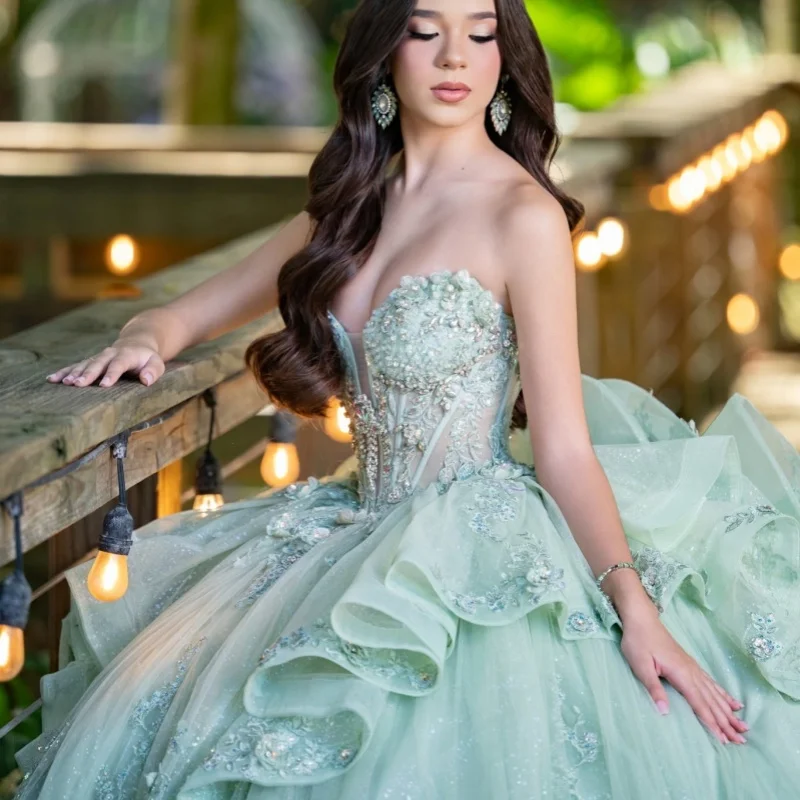 

Shiny Mint Green Quinceanera Dress off-shoulder Glitter Crystal Decal Layering Long tail vestidos de 15 Quinceanera ﻿Customized