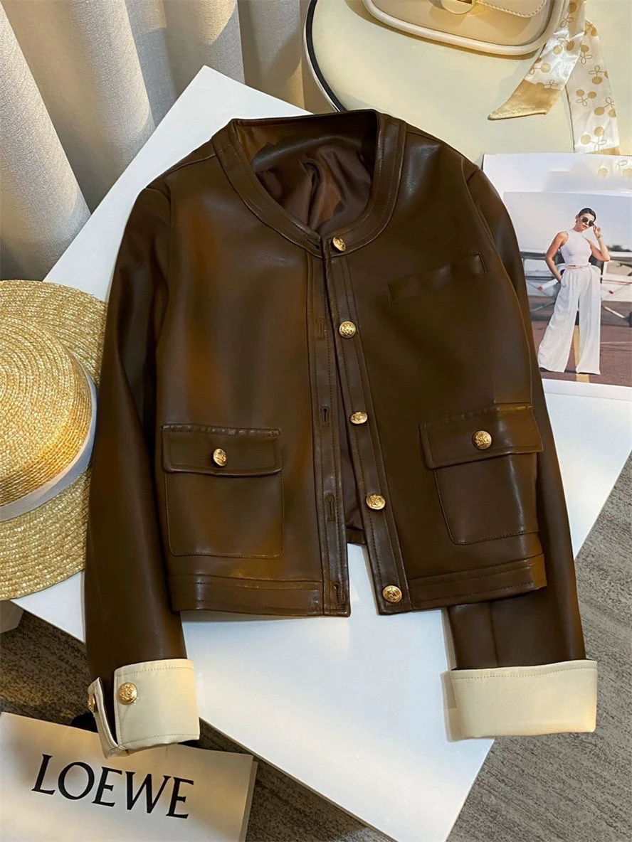 Primavera outono café jaqueta de couro feminino coreano novo estilo contraste cor design casaco curto temperamento retro jaqueta topo