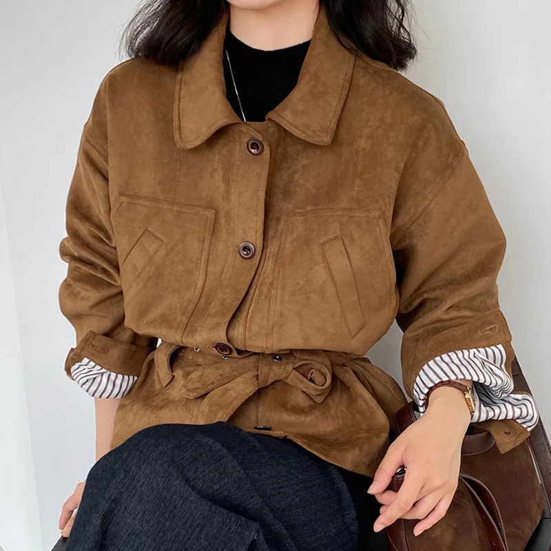 HKSH Frühling Herbst Neue frauen Verdicken Jacke Faux Wildleder Gürtel drehen-unten Kragen Einreiher Vielseitig Retro Chic mantel HK14759