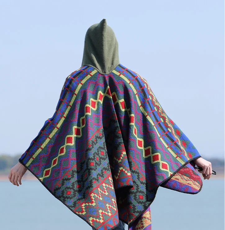 

Hooded Poncho Split Shoulder Shawl Men's Travel Clothing Ethnic Style Padded Cloak for All Seasons Casual Outdoor Wear Cape P1
