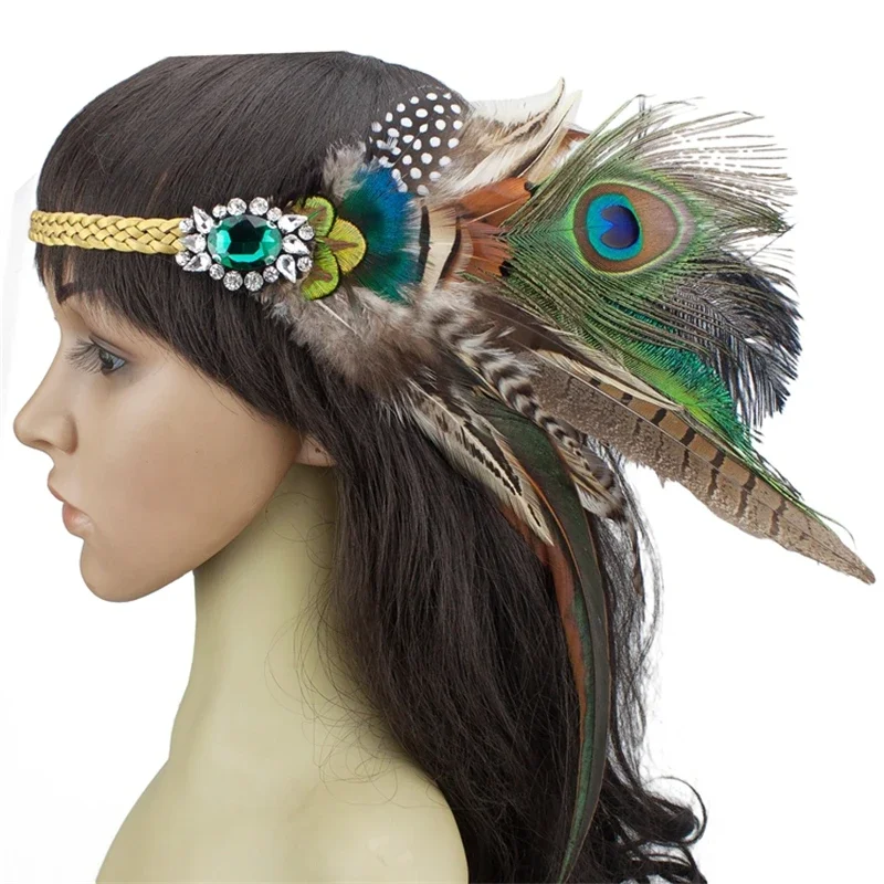 ,Handmade Braided Hair Band Indian Peacock Feather Headdress Hair Headpiece Headband For Adults Kids Halloween Carnival