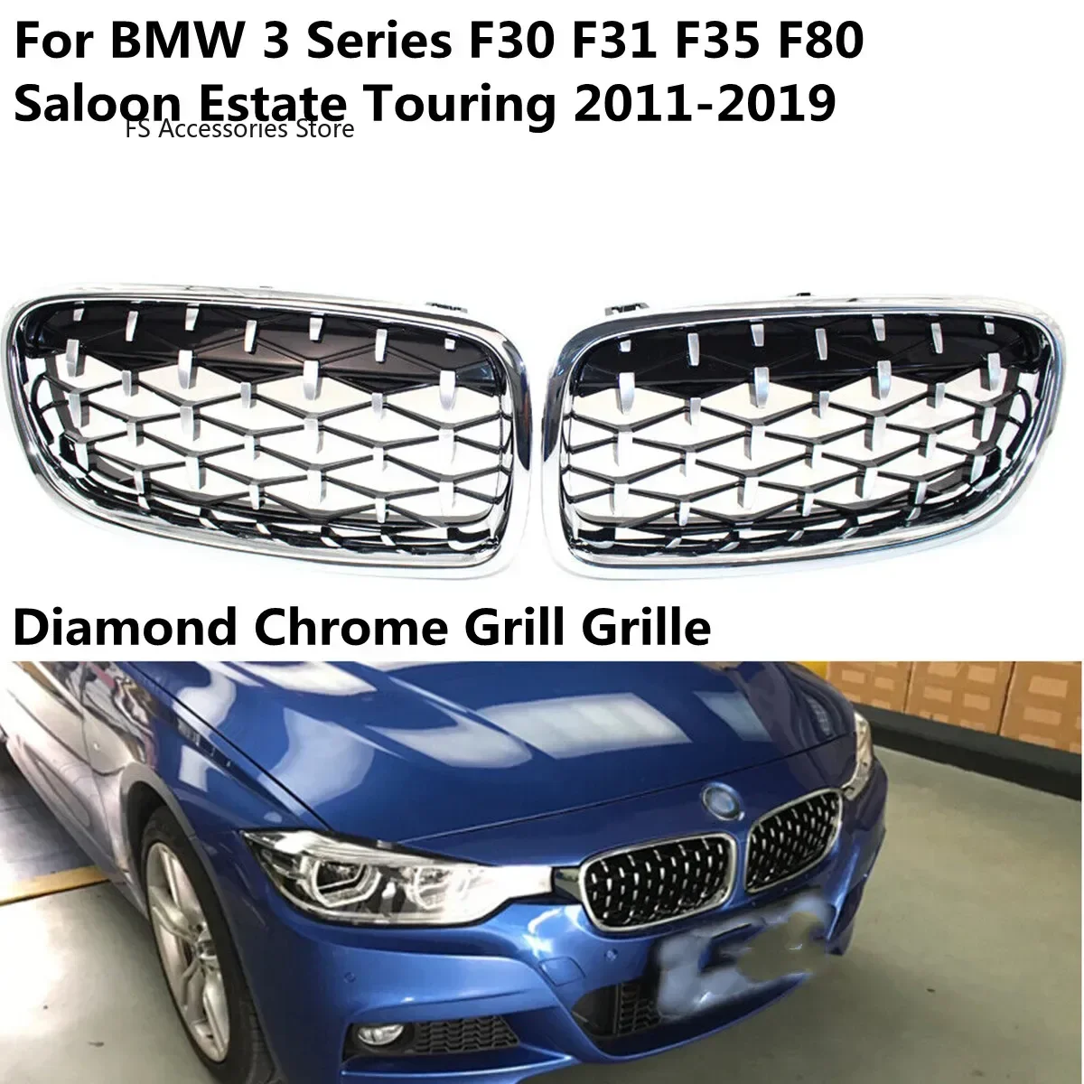 

Chrome For BMW 3 Series F30 F31 F35 F80 Saloon Estate Touring 2011-2019 Front Kidney Grill Grille Diamond Kidney Grilles