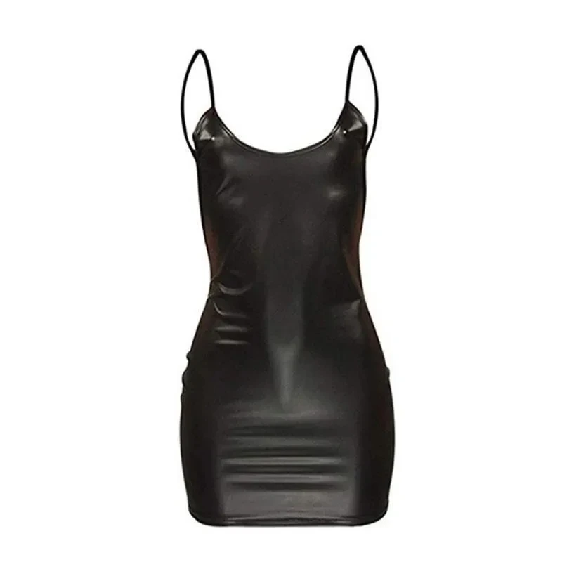 Sexy Faux Leather Dress Backless Club Party Fun Cosplay Short Dress Solid Black Wet Look Latex Bodycon Tight Bodysuit Mini Micro