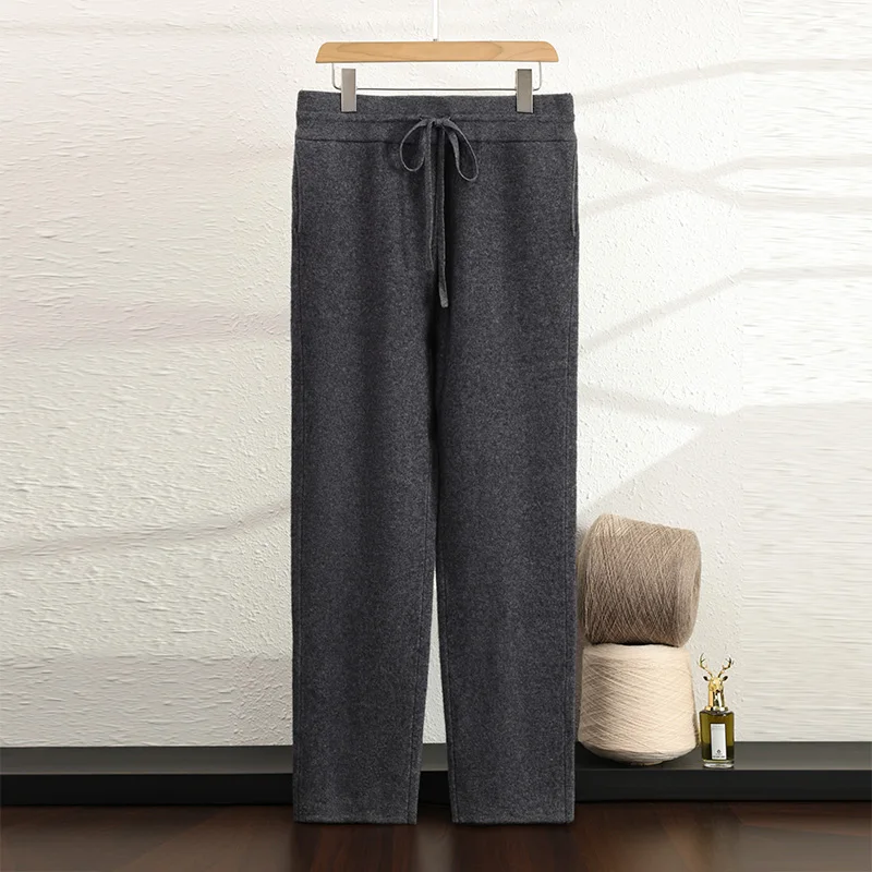 DjzDsm Men's 100% Pure Cashmere Soft Wax Knitted Wide Leg Autumn And Winter Cashmere Casual Straight leg Pants