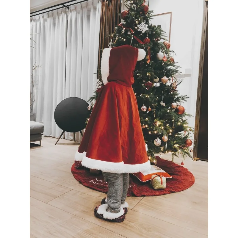 New Year Cloak Christmas Party Outfits Xmas Velvet Hooded Cape Little Red Hat Ancient Chinese COS Outfits Girls Kids Children