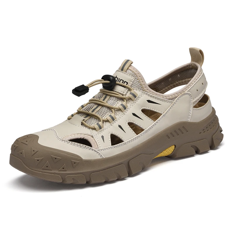 High Quality Men's Beige Leather Hollow Out Sandals Casual Outdoor Shoes Breathable Non Slip Thick Sole Male Footwear Size：38-46