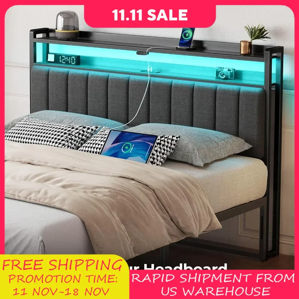 Headboard for Full Size Bed with Storage, 60,000 DIY Color of LED Light, Head Board with USB & Type C Port, Height Adjustable