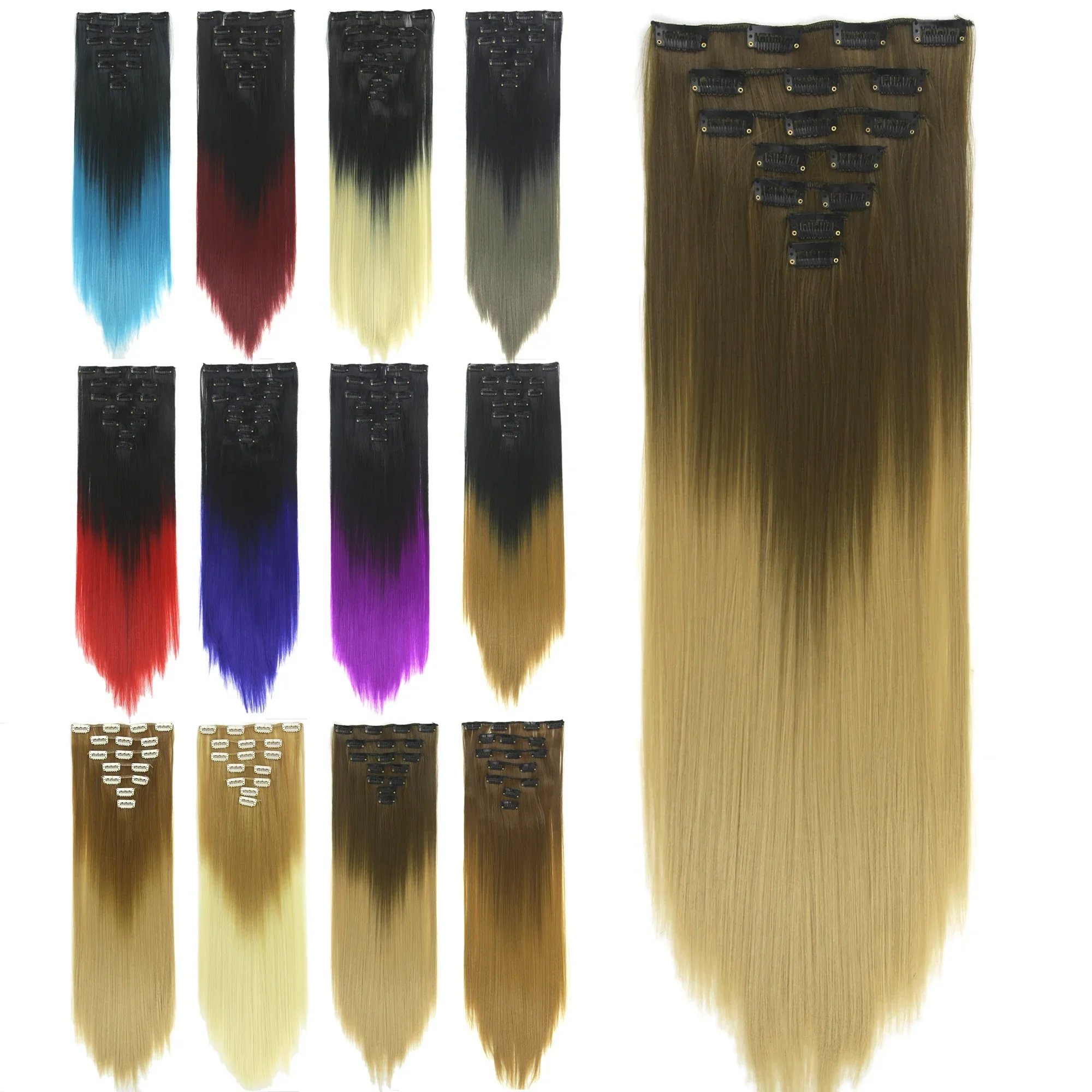 

Straight Brown Ombre Hair Pieces Synthetic Hair Extensions Clip-in Full Head Rainbow Hair Extension for Women