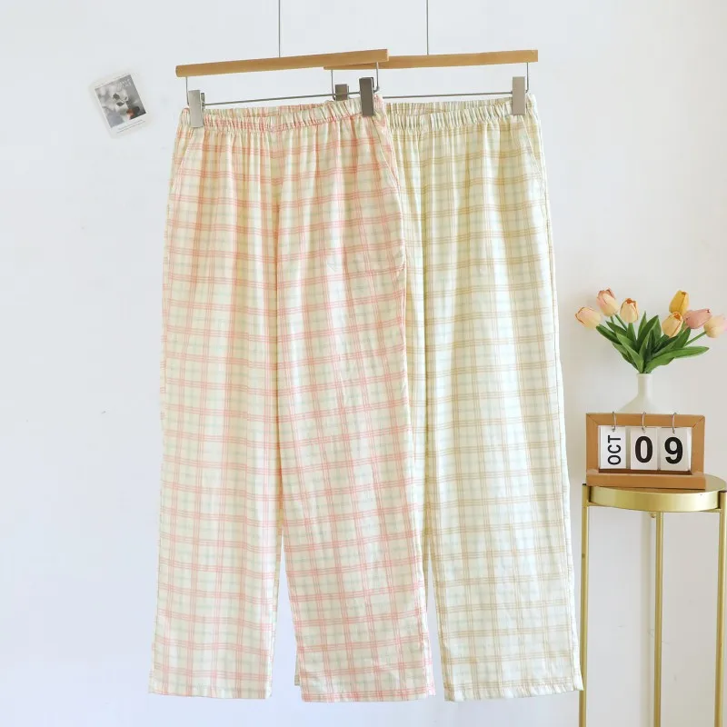 Spring Summer Women 100% Cotton Double-layer Gauze Sleep Pants Casual Plaid Loungewear Pants Women's Thin Home Pajama Pants