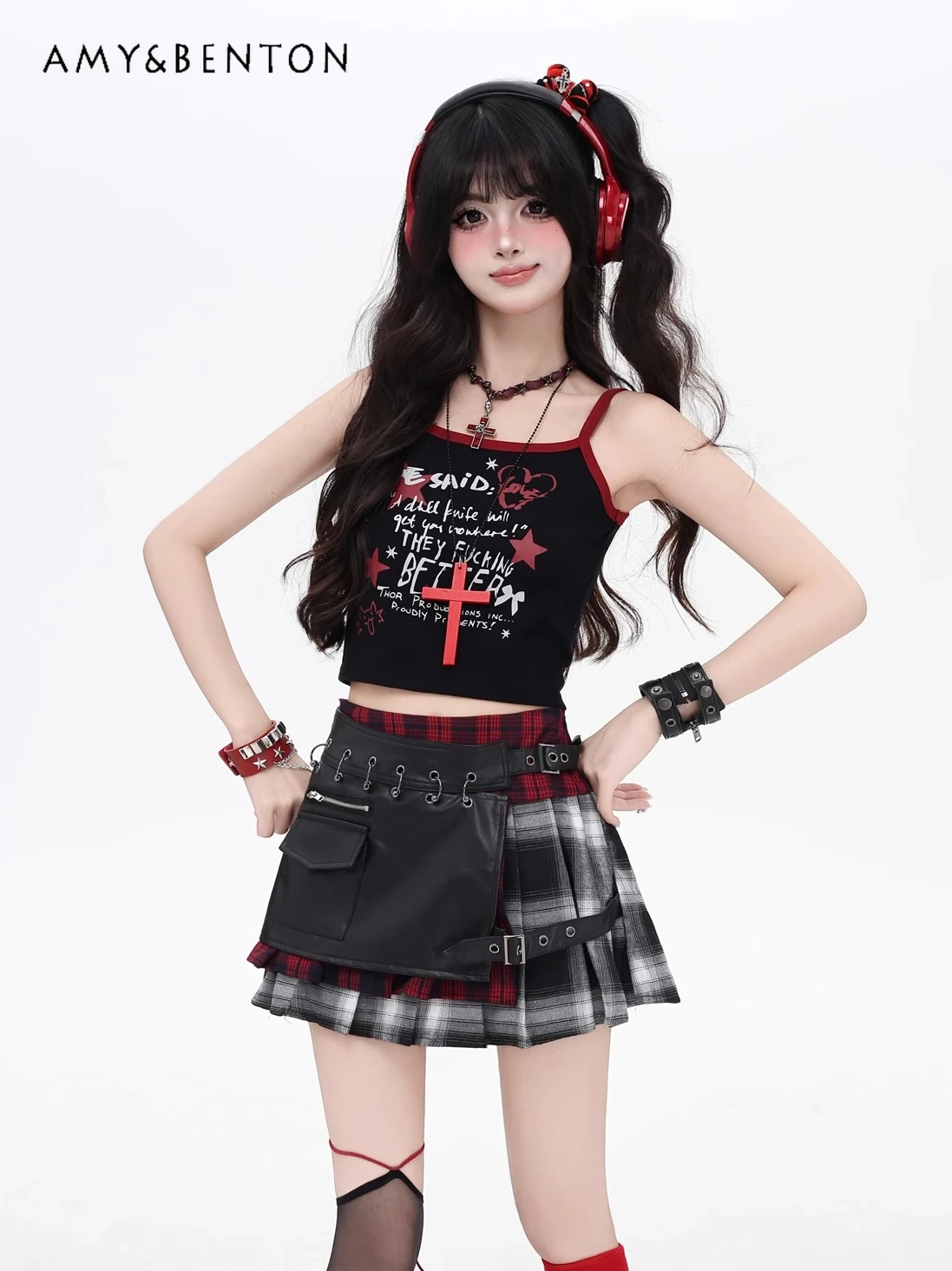 

American Spice Girl Retro Plaid Contrasting Color Irregular Skirt Women Summer New Gothic Subculture A-line High Waist Skirts