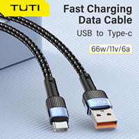 TUTI USB-toUSB-C 66W (6A) fast charging cable with metal end suitable for Android, iPad, iPhone 15, available in blue and black