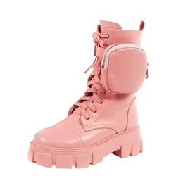 Stylish Platform Boots With Small Pocket Women Lace Up Round Head Boots For Autumn