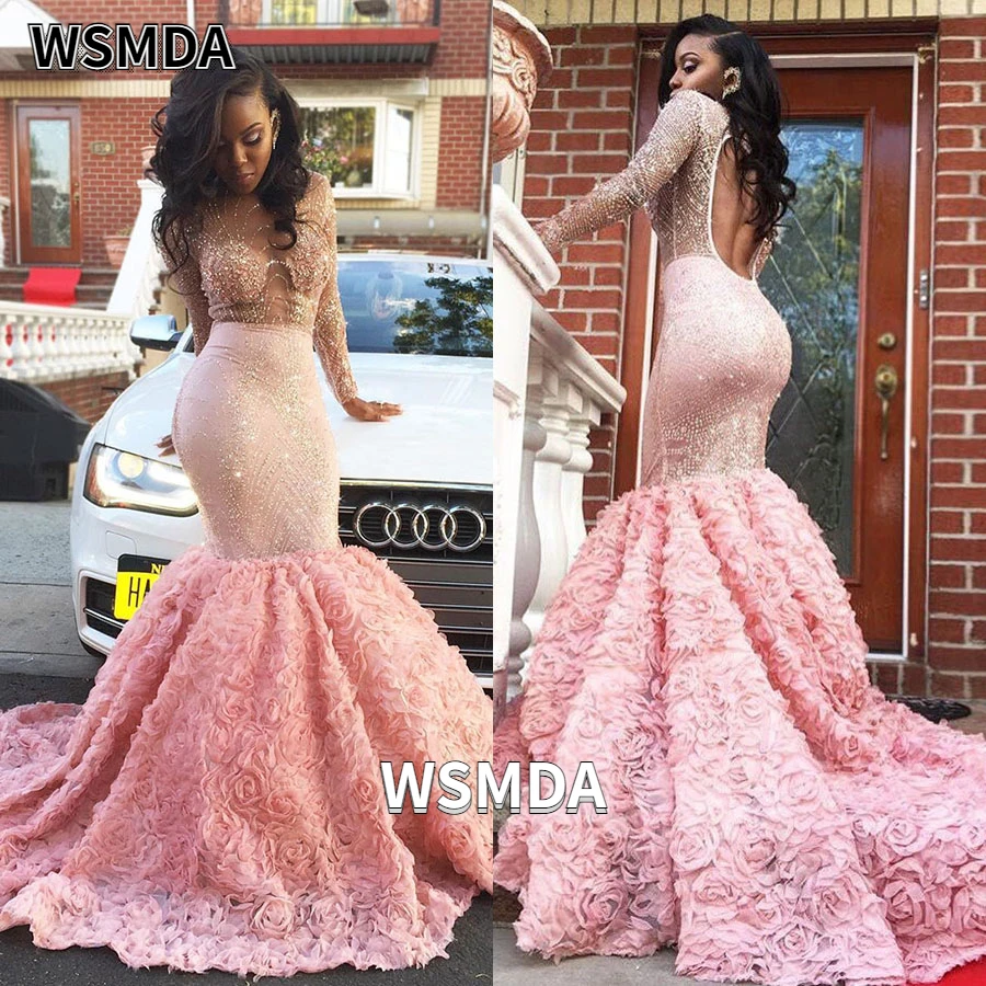 Vestido de fiesta de sirena con flores 3D, vestido de noche largo de manga larga con cuello redondo y espalda abierta