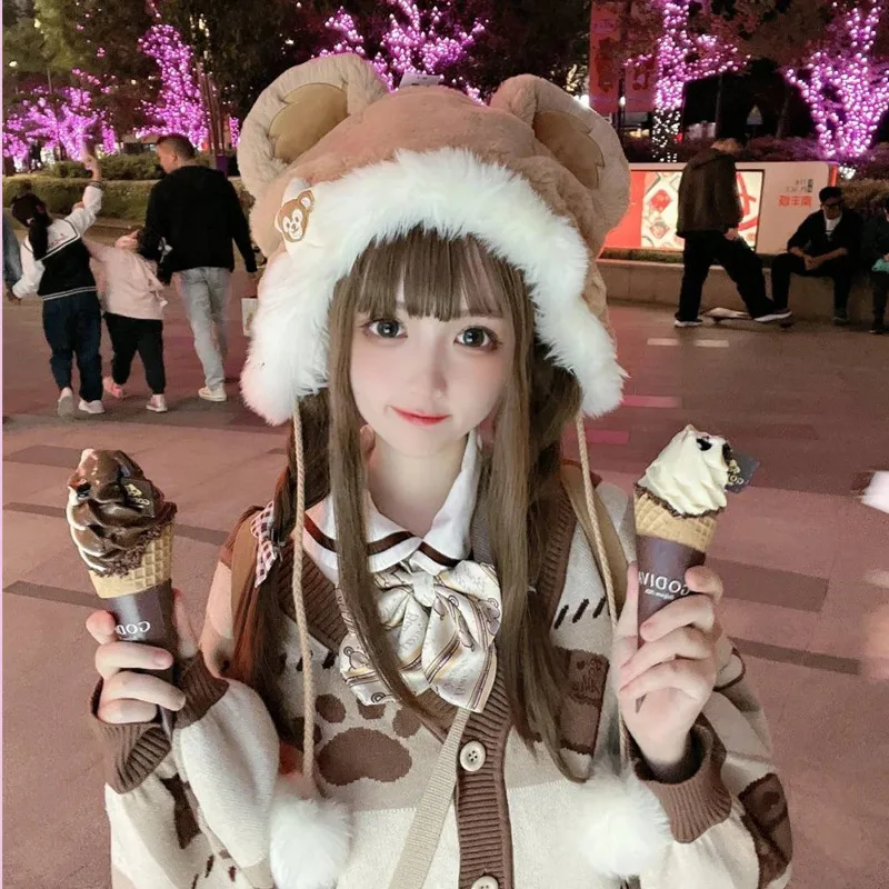 Cartoon New Plush Hat Soft Cute Girl Little Bear Cute Ear Protection Warm Hat Winter Women Lolita Jk Fashion Accessory 2023