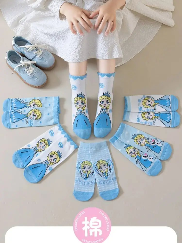 5Pairs Disney Elsa Kindersokken Cartoon Anime Prinses Elsa Meisjes Sokken Katoen Lente Herfst Winter Midden Buis Sokken Geschenken