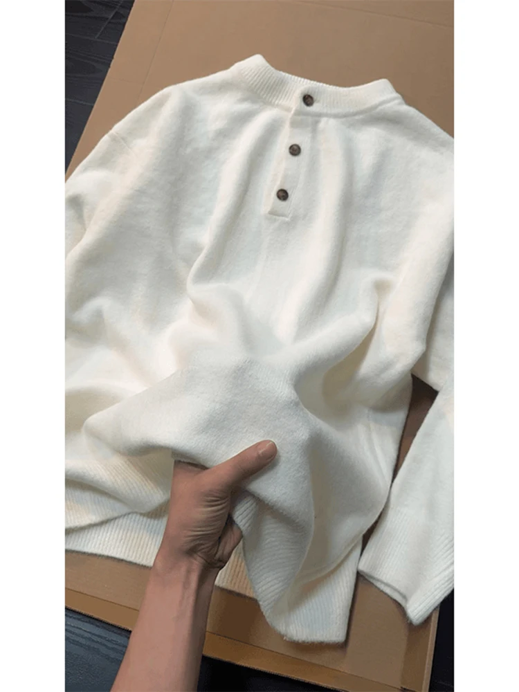 

Cleanfit Men's Henley Ne Knitwear Beige American Sle Winter Casual Loose Fit Long Sve Crew Ne Pullover Inner Wear