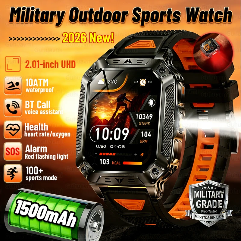 

2026 New Men Outdoors Sports Smart Watch 1500mAh Battery SOS LED Flashlight IP69K Waterproof Bluetooth Call Military Smartwatch