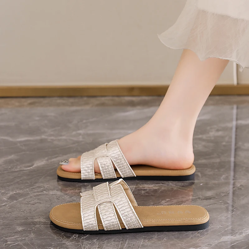 Sandalias de Verano Retro con Adornos de Perlas, Elegantes para Vestir, Casuales, Antideslizantes, para Exteriores, Pantuflas de Moda para Mujer
