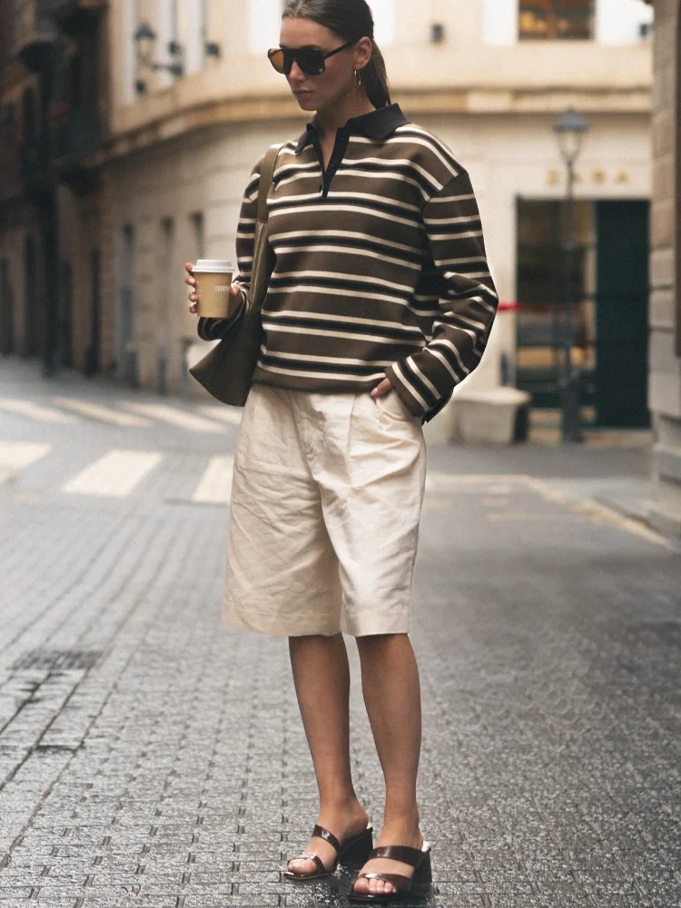 

Women Stripe Polo Shirt Lady Long Sleeves Turndown Collar Button Pullover Lady Fashion Daily Commute Street Autumn Knitwear 2025