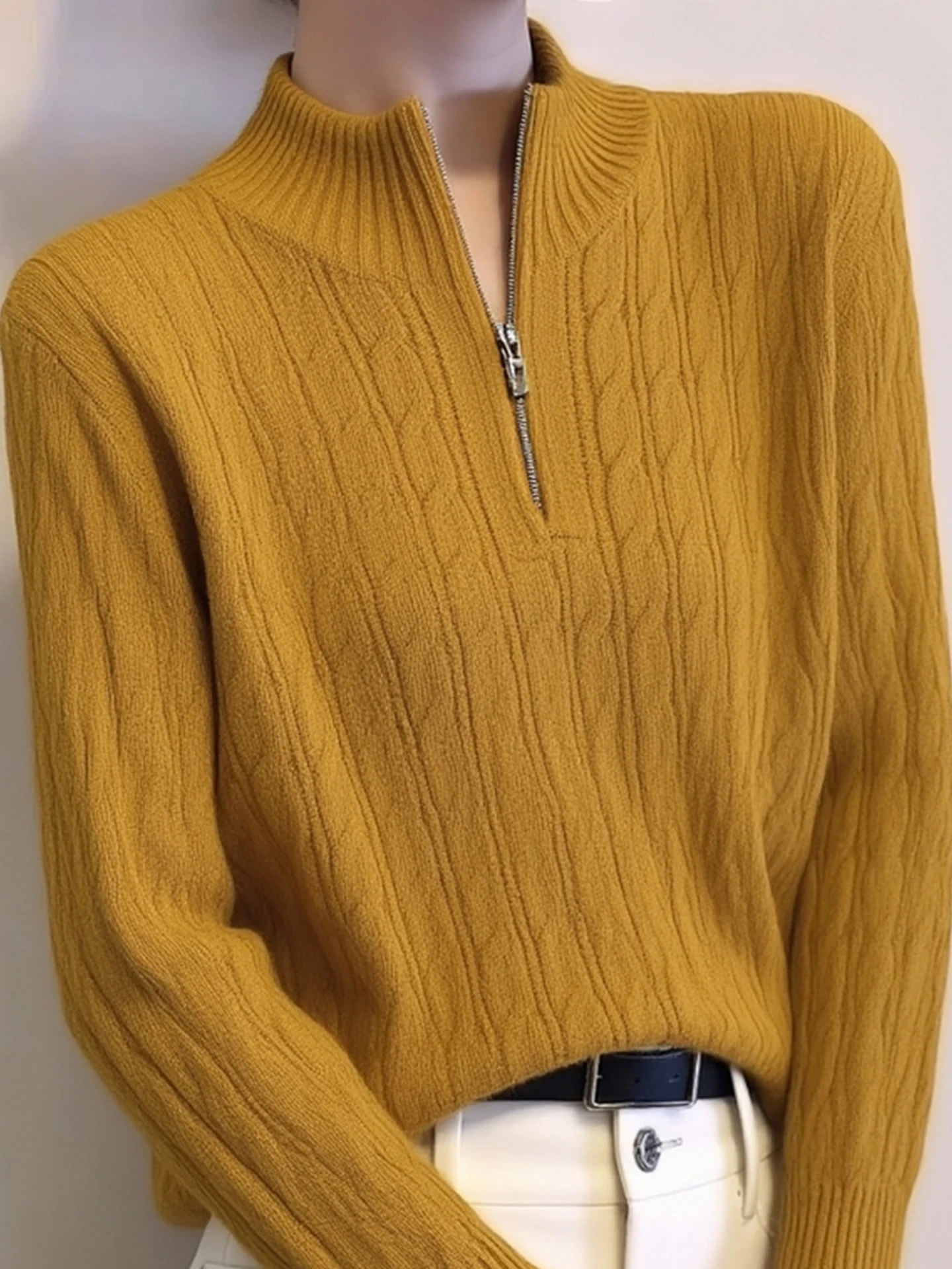 เสื้อไหมพรมถักแบบมีซิป แขนยาว สีสันหลากหลาย สไตล์เกาหลี ทรงตรง เหมาะสำหรับใส่ไปทำงาน