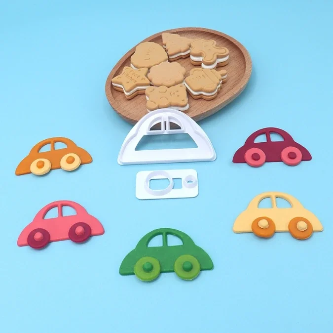 Fondant Cake Decorating Cookie Embosser Mold Cartoon Car Tractor Train Shaped Biscuit Pastry Stamp Hand Press For Baking Tools