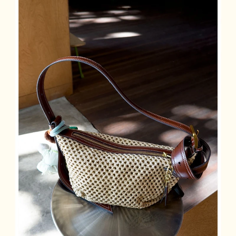 Summer Raffia Hand-woven Bag Brown Cowhide Crossbody Сумка Women's Seaside Resort Straw Beach Phone Bag Hot Selling