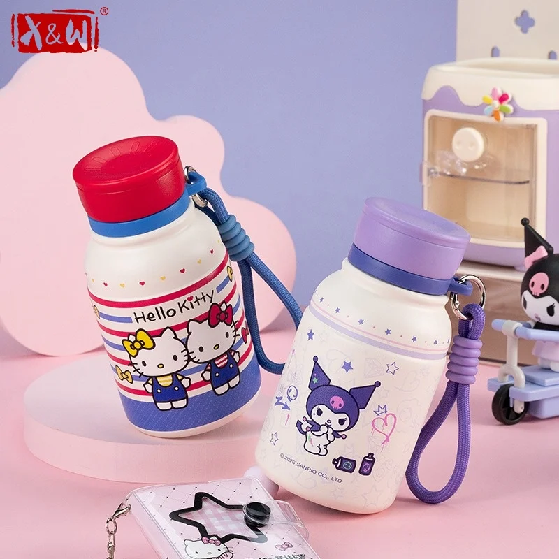 X&W Sanrio Kids Thermos Cup 316 Stainless Steel Thermal Mug with Retractable Straw＆Tea Strainer Clip Outdoor Ice Bucket Tumbler