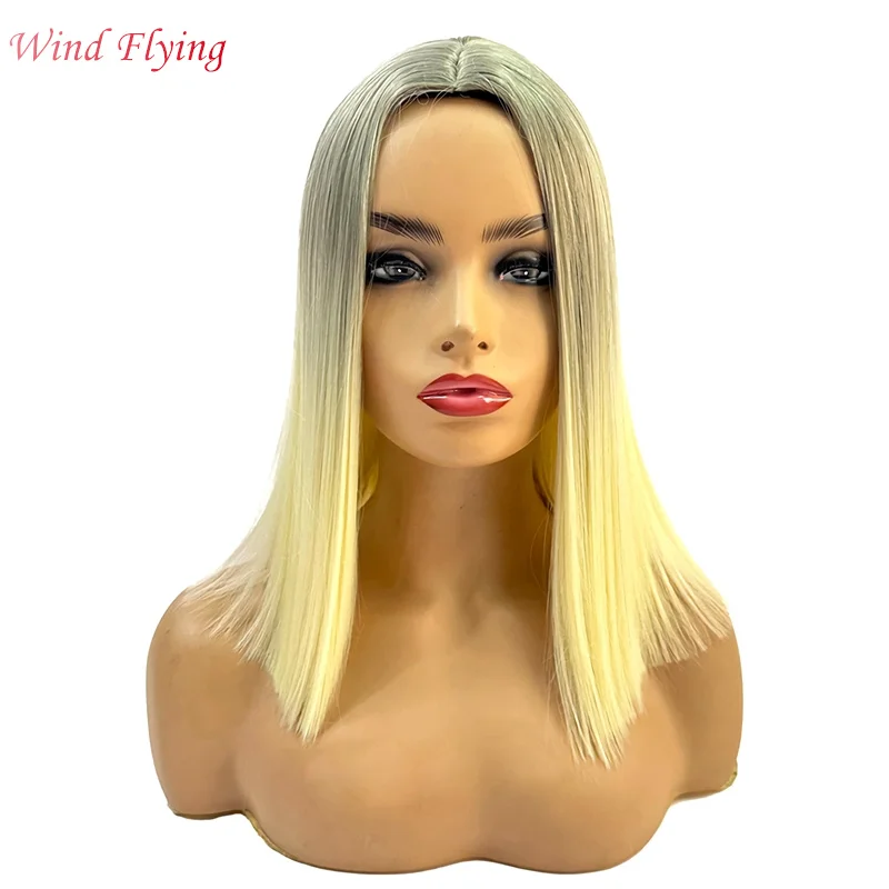 WIND FLYING-Perruque mi-longue en fibre chimique pour femme, cheveux raides, couvre-chef blond élégant, Europe, États-Unis