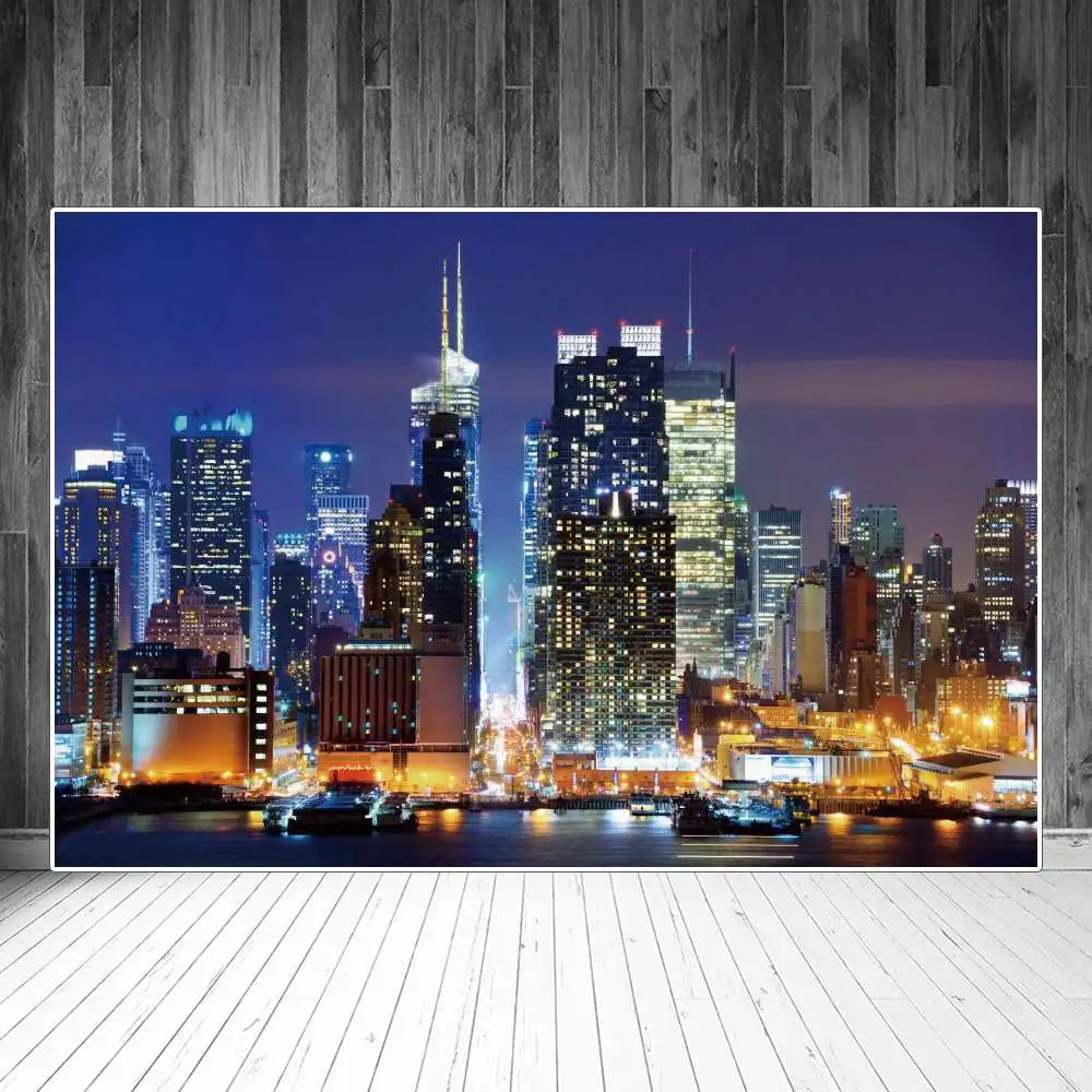 

Night New York Manhattan City Building Photography Backgrounds Landmark Lights Scenic Spots Backdrop Photographic Portrait Props