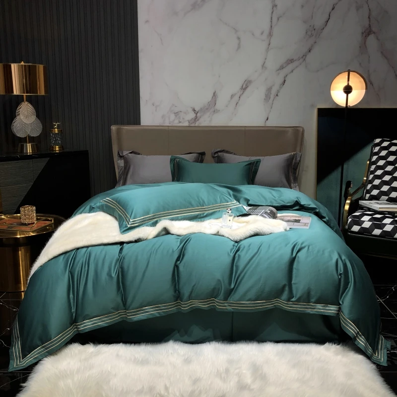 1000TC Long-staple Cotton Luxury Gold three-line Embroidery Bedding Set Duvet Cover Set Flat/Fitted Bed Sheet Pillowcases 4Pcs