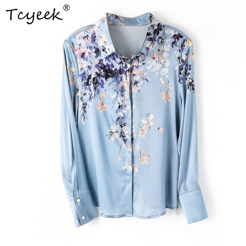 Tcyeek 90% Jedwab Morwowy 10% Spandex Koszula z Nadrukiem Temperamentna Jesień Zima 2023 Długi Rękaw Uniwersalna Bluzka Damska T30302QC