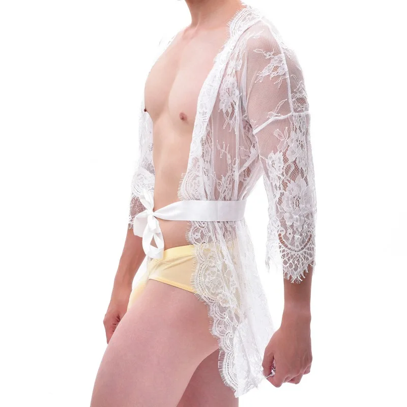 

Men's Sissy Lingerie Nightgown Crossdress Gay Embroidery Lace Kimono Mesh See Through Pajamas Femboy Bathrobe Night Clubwear
