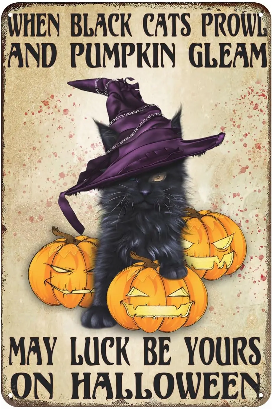 Letrero Decorativo Metálico de Gato Bruja y Calabaza, Letrero de Hojalata con Diseño de Gato Negro para Decoración de Jardín, Patio, Interiores y Exteriores, con la Frase 'Que la Suerte te Sea de la suerte' para Halloween