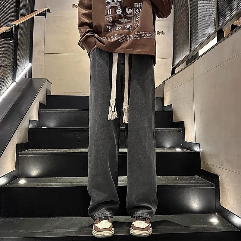 Retro High Waist Straight Leg Jeans Women's Elastic Waist Student Slimming Loose Fit Drawstring Wide Leg Pants Autumn 2023