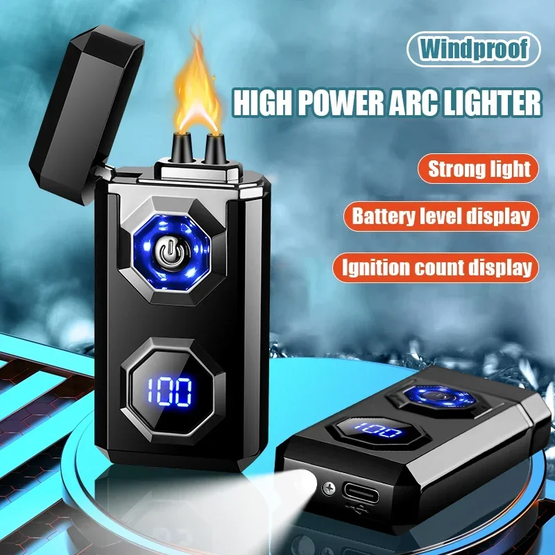 Big Flame Electric Arc, Metal Lighter Windproof ,LED Lighting Power Display,Ignition Display,Fast Charge,Ignition Gadgets