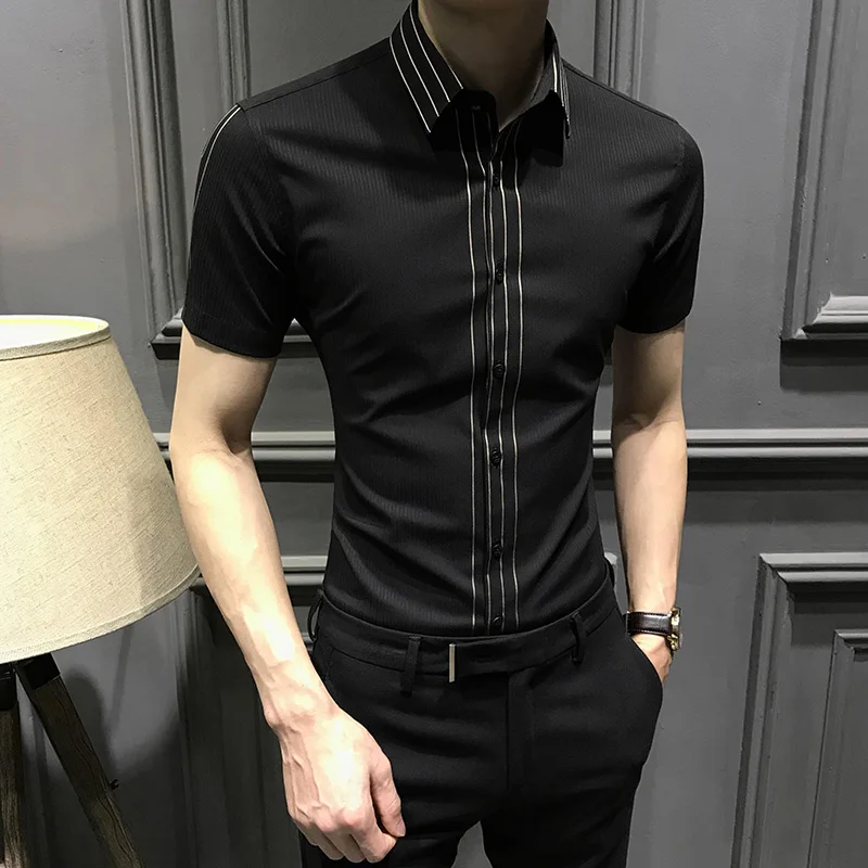 

2024 New Men's Slim Fit ort Sve irt Casual Striped f Sve Faionable Busin Casual Wear Summer Season PU Leather