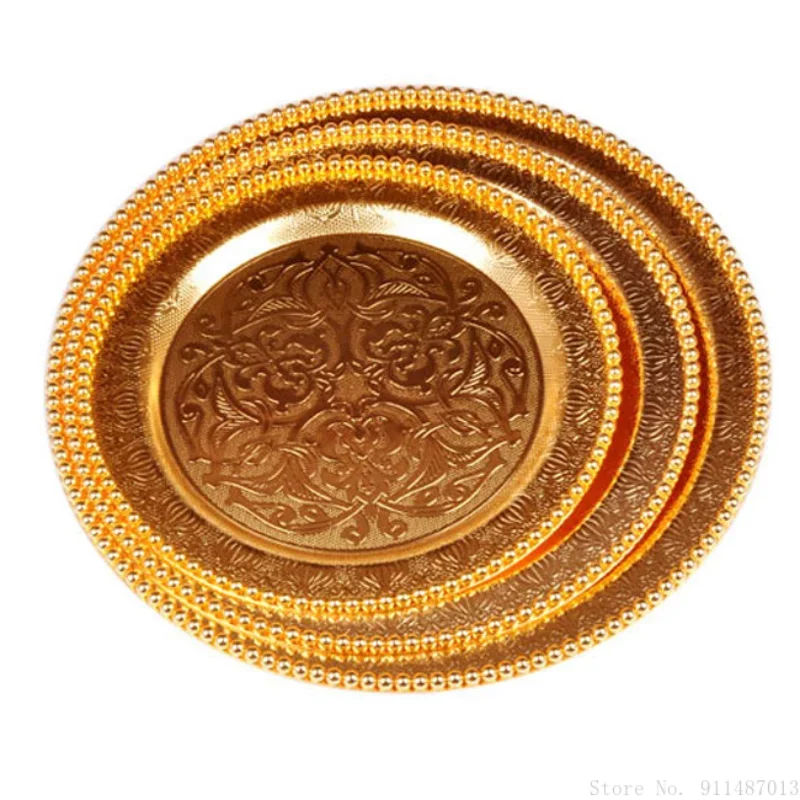 Creativity European-style Round Dessert Tray Hotel Living Room Bar Dinner Plate Homeware Tea Tray Stainless Steel Tableware, 1Pc