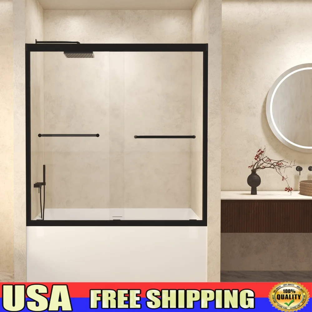 

Двойная раздвижная душевая дверь 56-60 дюймов, закаленное стекло, матовая черная алюминиевая рама, взрывозащищенная пленка, современный дизайн, простота обслуживания