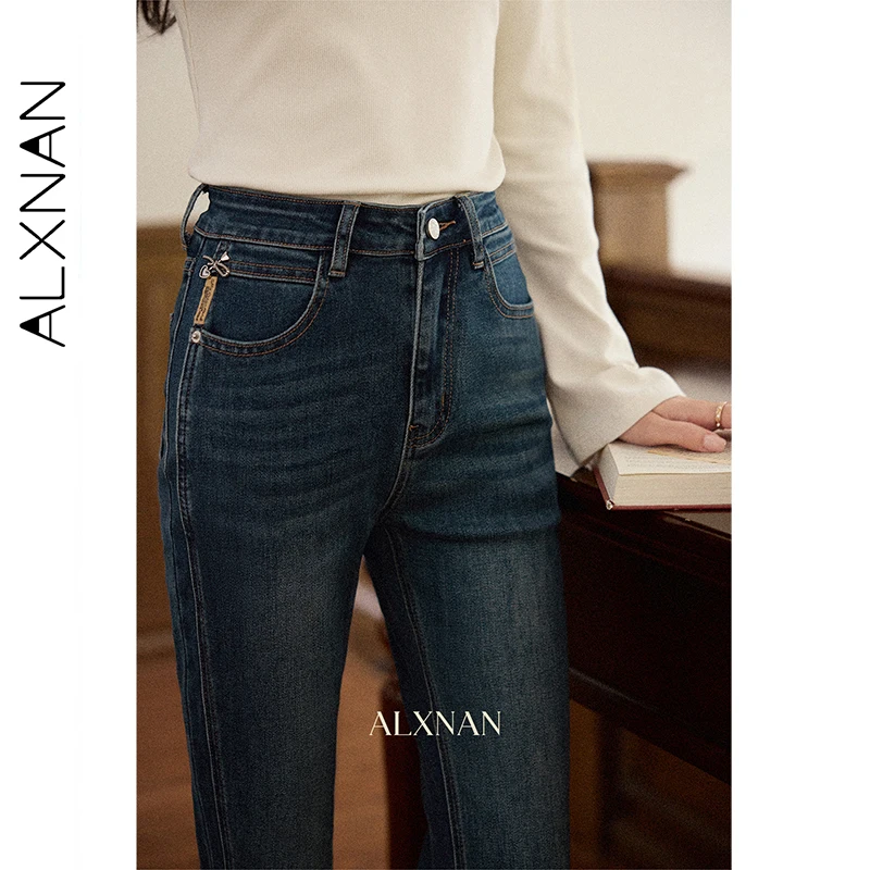 ALXNAN Vintage Blau Split Jeans frauen Herbst Gerade Baumwolle Denim Hosen Lässig Elegante High-taille Büro Dame Hosen L56975