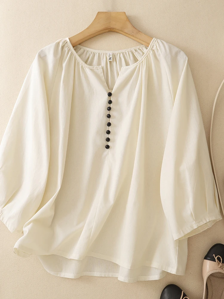 

Summer New Loose V-Neck Seven-Quarter Sleeve Shirt Women's Fashionable Versatile Commute Top Breathable Comfortable Casual Style