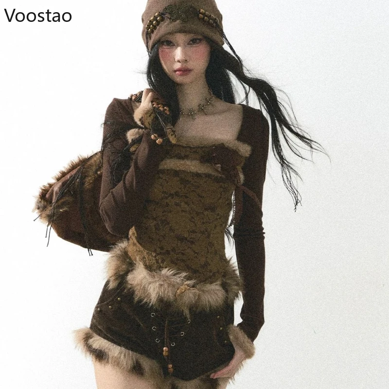 

Vintage Y2k 2 Piece Set Women Streetwear Fake Fur Patchwork Long Sleeve Blouse Tops Bandage Shorts Suit Female Chic Punk Outfits