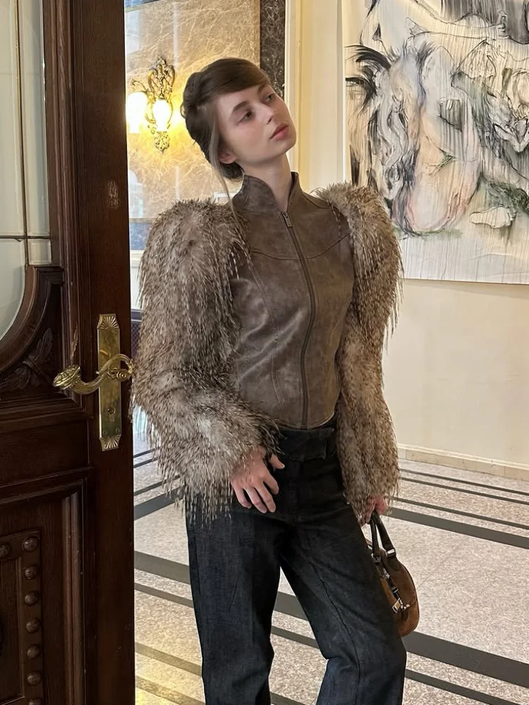 Ladies Vintage Faux Leather Jacket Furry Fringe Long Sleeve Stand Collar Zipper Closure Slim Short Winter Fashion Outerwear Coat