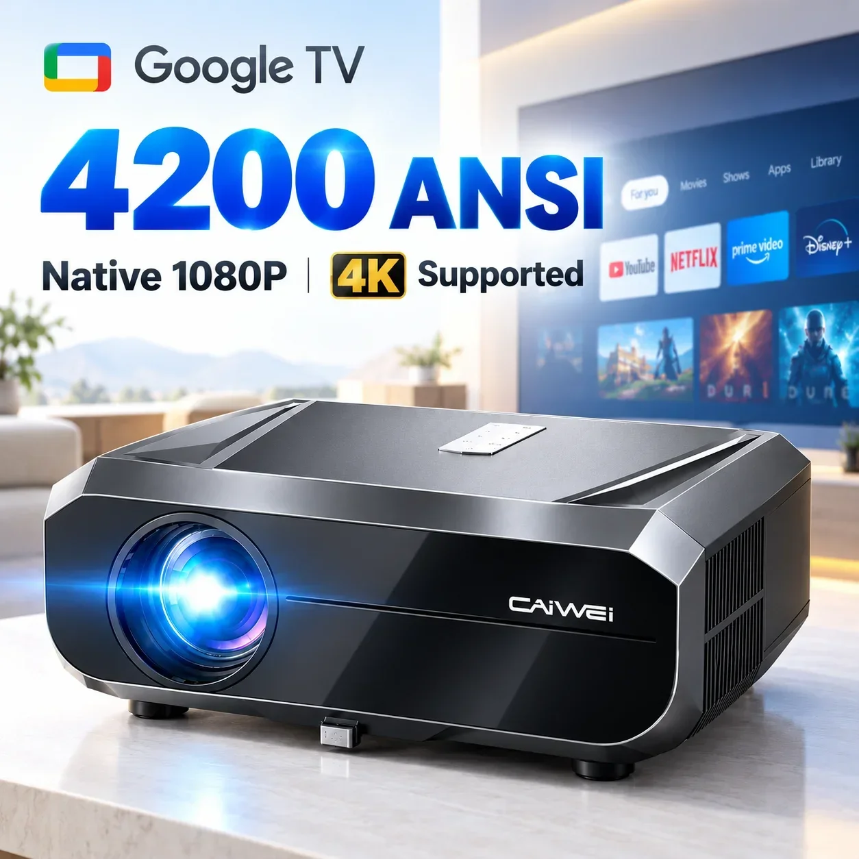 New 4K UHD Projector Smart Google TV Native 1080P Wifi6 Auto Focus Auto Lens Cover Dual Speaker Home Cinema Daylight Beamer 2026