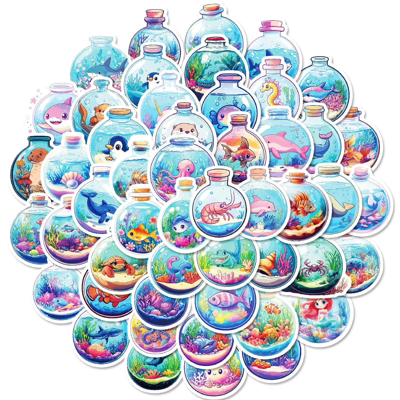 

10/30/50PCS Aesthetic Round Bottle Underwater World Creative Sticker for Water Cup Phone Computer Notebook Stationery Luggage