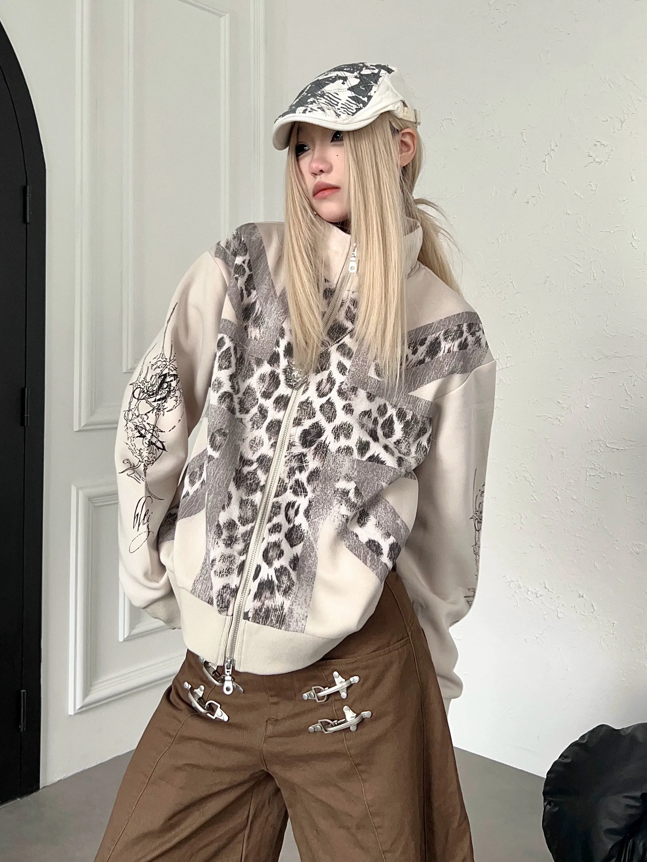 Retro American Leopard Print Stand Collar Zipper Sweatshirt Men's Street Loose Casual Trendy Brand Short Outerwear Coat