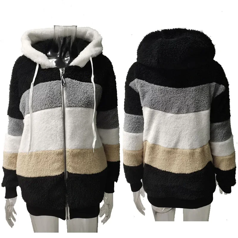 

Women Hooded Fleece Jackets Faux Fur Cardigan Coats Leisure Plush Winter Spring Outerwear Color Match Streetwear Chaqueta Mujer