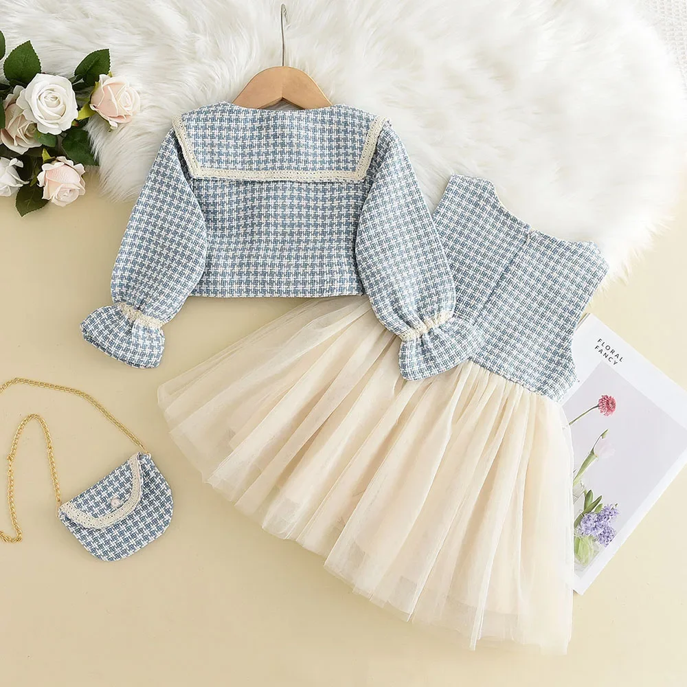 Menoea Kleidungsset Frühling Herbst Karierte Weste Kleid Retro Outwear Mantel 2-teiliges modisches Baby-Partykleid mit Tasche Outfits