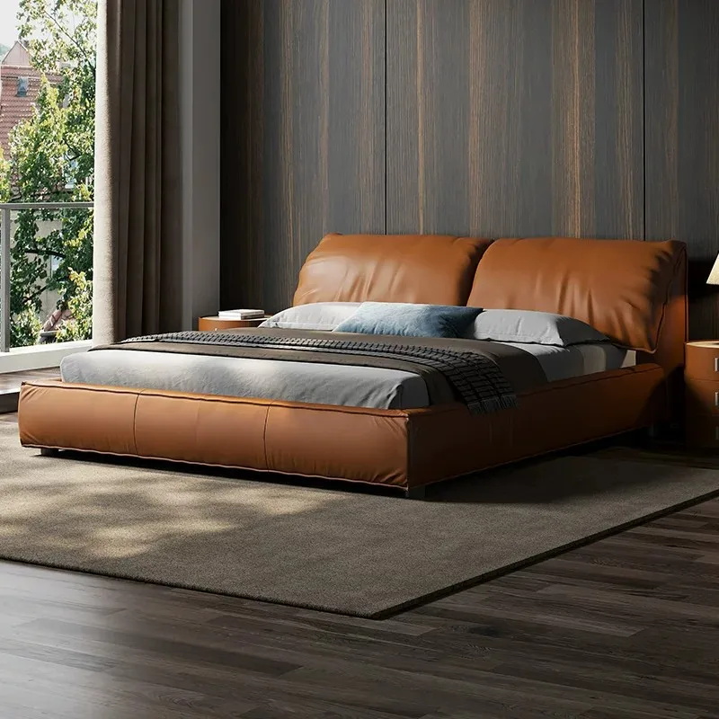 Leather bed elephant ears double bed wedding bed first layer cowhide master bedroom double