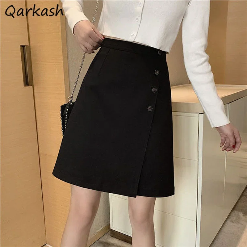 

Korean Mini Skirts Women Elegant Temperament Casual Office Ladies Stylish Button A-line Skirt Ulzzang Simple High Waist Spring